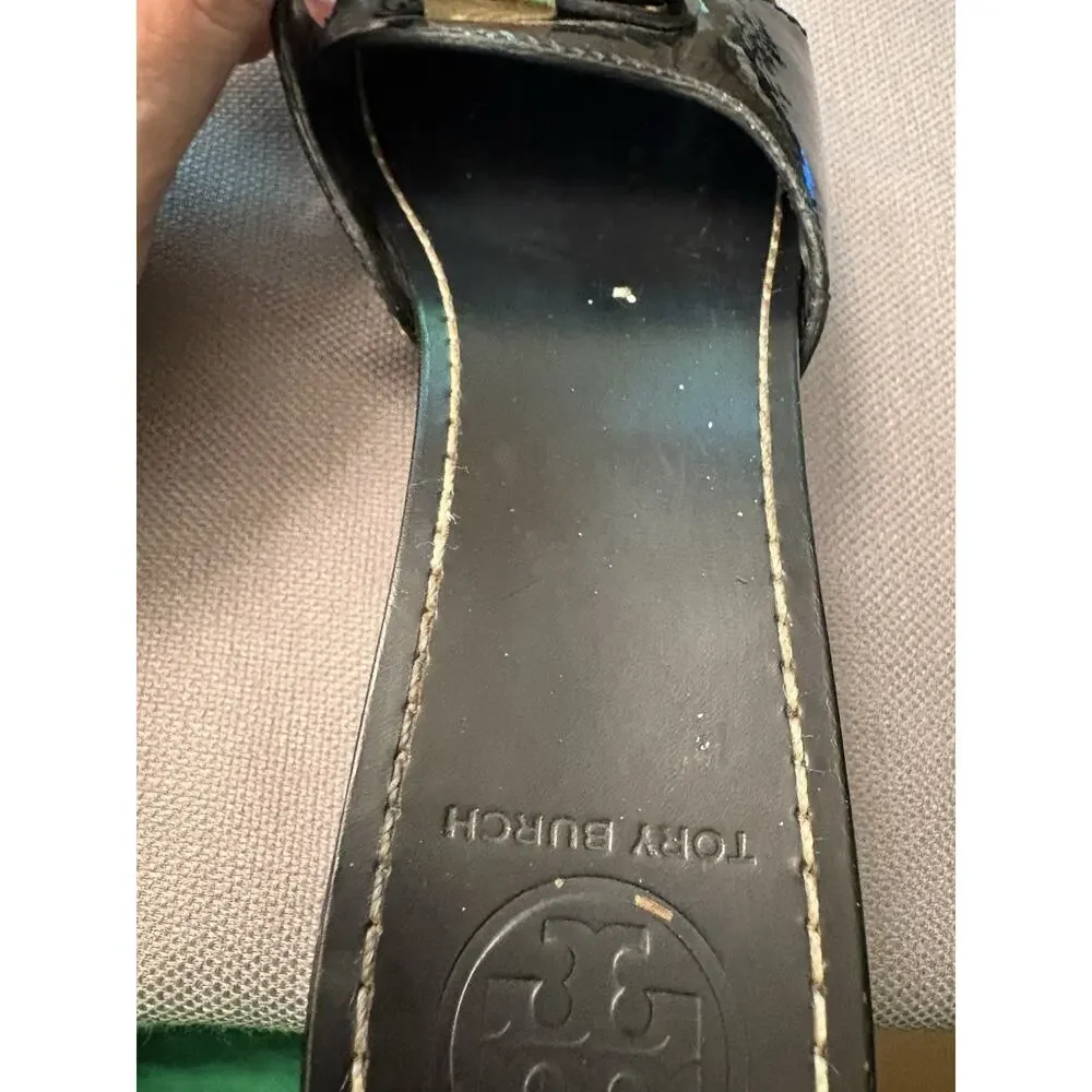 Tory Burch Sz 9 Place Patent Leather Wedge Heel Slip On Sandals